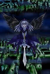  bow cross dress flower gothic_lolita hair_ornament hairband lolita_fashion long_hair pink_eyes ribbon rose rozen_maiden silver_hair solo suigintou sword weapon wings 