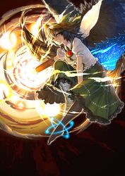  1girl arm_cannon benitama bow brown_hair cape greaves hair_bow long_hair red_eyes reiuji_utsuho skirt smile solo symbol-shaped_pupils third_eye touhou weapon wings 