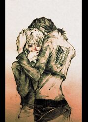 2girls bwatermark christa_renz covering_mouth from_behind hand_on_head highres hug jacket monochrome multiple_girls pillarboxed shingeki_no_kyojin tears traditional_media ymir_(shingeki_no_kyojin) 