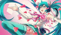1girl 40hara aqua_eyes aqua_hair detached_sleeves hatsune_miku headphones heart heart-shaped_pupils highres long_hair open_mouth skirt solo symbol-shaped_pupils thighhighs twintails very_long_hair vocaloid