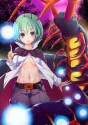  1girl antennae belt blue_eyes bun_(hiyokomame) cape green_hair navel open_clothes open_shirt pants short_hair small_breasts smile solo touhou wriggle_nightbug 