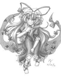  eyes fan gap hat long_hair monochrome touhou yakumo_yukari yuran_(kuen-hien) 