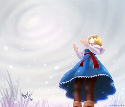  blonde_hair blue_eyes celtic_cross cross dress from_below grass hairband headband kisaragi_miyu pantyhose perspective short_hair snow snowing touhou winter 