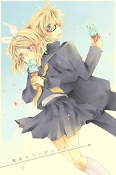  bespectacled blonde_hair blue_eyes colored_eyelashes escape_romantic_(vocaloid) eyelashes food glasses hair_ribbon highres ice_cream jikei kagamine_len kagamine_rin ribbon school_uniform serafuku short_hair siblings skirt twins vocaloid 
