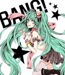  \m/ aqua_eyes aqua_hair bad_id bikini_top boots bracelet flower hair_flower hair_ornament hatsune_miku jewelry scarf simple_background skirt solo thigh-highs thighhighs toke twintails vocaloid zettai_ryouiki 
