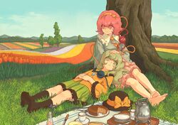  barefoot cake eyes feet flower flower_field food grass green_eyes green_hair hairband hand_on_head hat hat_removed headwear_removed heart highres komeiji_koishi komeiji_satori lap_pillow momiji_gari pastry picnic pink_hair short_hair siblings sisters teapot touhou tree tulip 