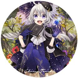  1girl buzz cape flower gloves hat leaf open_mouth original pantyhose purple_hair short_hair sitting solo white_hair 