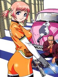  1girl absurdres ass blue_eyes bodysuit car cat dual_wielding glasses gloves gun handgun highres jacket kurokawa_ken'ichi latex looking_at_viewer m1911 mezzo_danger_service_agency motor_vehicle official_art pink_hair pistol short_hair skin_tight smile suzuki_mikura twintails umetsu_yasuomi v vehicle volkswagen volkswagen_beetle weapon 