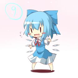  >:d 1girl :d blue_hair blush_stickers bow cirno dress fang gaius_(nikoniko2) hair_bow open_mouth smile solo touhou wings ⑨ 