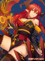 1girl bare_shoulders blue_background copyright_name detached_sleeves horns junketsu_duelion light_smile long_hair official_art pointy_ears redhead scythe simple_background solo thigh-highs yangsion yellow_eyes 