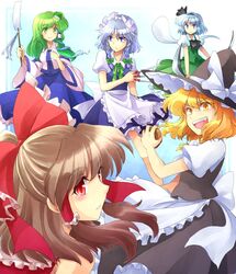  blue_eyes blue_hair bow brown_hair colored_eyelashes dual_wielding eyelashes frog green_eyes green_hair hair_bow hair_ornament hakurei_reimu hanjuku_tomato hat izayoi_sakuya katana kirisame_marisa knife kochiya_sanae konpaku_youmu konpaku_youmu_(ghost) maid maid_headdress mini-hakkero myon open_mouth purple_eyes red_eyes silver_hair snake sword touhou weapon witch_hat yellow_eyes 