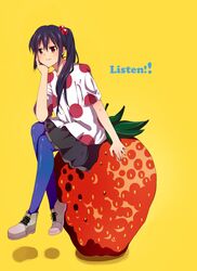  black_hair blue_legwear food fruit k-on! latex legs listen!! long_hair nakano_azusa orange_eyes pantyhose polka_dot side_ponytail skirt solo strawberry 