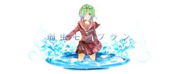  glasses gradient_hair green_hair gumi hair_over_one_eye highres kneeling serafuku short_hair skirt tears vocaloid white yowamushi_mont-blanc_(vocaloid) 
