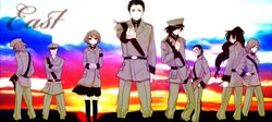  date_masamune facial_hair fuuma_kotarou hat highres hojo_ujimasa katakura_kojuurou maeda_keiji military military_uniform mustache peaked_cap saika_magoichi_(sengoku_basara) scar sengoku_basara skirt thighhighs tokugawa_ieyasu tsuruhime uniform yoimosezu 