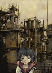  bad_id black_hair dissolving factory green_eyes highres kahama_youko machine school_uniform serafuku short_hair tears wind 