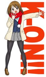  brown_eyes brown_hair gray_pantyhose hirasawa_yui jacket k-on! latex legs open_mouth pantyhose scarf school_uniform skirt title_drop uraharukon 