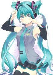  1girl aqua_eyes aqua_hair detached_sleeves hatsune_miku headset long_hair necktie skirt solo sweetcry thigh-highs twintails very_long_hair vocaloid 