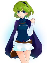  1girl belt blue_eyes book cape fire_emblem fire_emblem:_rekka_no_ken green_hair hairband kona_nanamu nino_(fire_emblem) short_hair skirt smile solo thigh_gap 