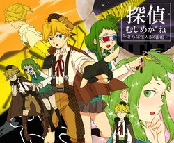  3d_glasses blonde_hair blue_eyes green_eyes gumi hair_bobbles kagamine_len short_hair skirt sparkle tantei_mushi_megane_(vocaloid) vocaloid 