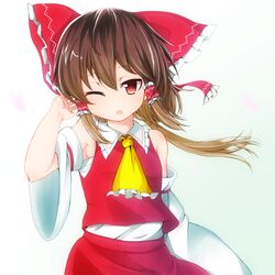  1girl adjusting_hair arm_up bow brown_hair detached_sleeves hair_bow hair_tubes hakurei_reimu highres moro_(eiyu) open_mouth red_eyes short_hair solo touhou wince wind 