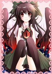  absurdres black_hair brown_hair hair_ribbon highres kurose_rena long_hair red_eyes reiuji_utsuho ribbon solo suponge thigh-highs thighhighs touhou very_long_hair wings 