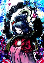  1girl absurdres blue_hair closed_eyes hands_in_sleeves highres onotaku shimenawa smile snake solo touhou wide_sleeves yasaka_kanako 