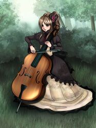  brown_hair bush cello dress flower grass hair_flower hair_ornament instrument nority original ponytail rose solo tree 