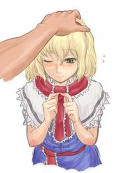  1girl alice_margatroid blonde_hair blue_eyes blush capelet dress hairband hand_on_head kuro_suto_sukii short_hair smile steepled_fingers sweatdrop touhou wink 