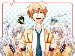  blazer blue_hair dual_persona green_hair hat hinata_(angel_beats!) human_tug_of_war naoi_ayato necktie orange_hair otonashi_(angel_beats!) raphina red_eyes ribbon silver_hair tenshi_(angel_beats!) translation_request yellow_eyes 