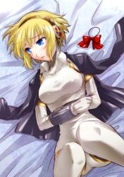  android bed_sheet blonde_hair blue_eyes blush bow lying persona persona_3 segami_daisuke short_hair 