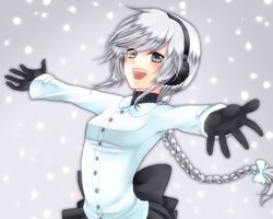  braid earmuffs gloves grey_eyes hair_bow hair_ribbon nez-doll ponytail ribbon sekka_yufu silver_eyes silver_hair smile snow solo utau 