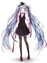  1girl aqua_eyes blue_hair hair_ribbon hat hatsune_miku head_tilt long_hair mini_top_hat pantyhose ribbon sayaka_(saya-chiya-0u0b) skirt solo top_hat twintails very_long_hair vocaloid white_background 