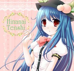  blue_hair food fruit hat hinanawi_tenshi kurose_rena long_hair peach red_eyes solo touhou 