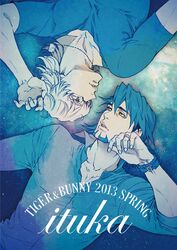  2boys barnaby_brooks_jr blue bracelet glasses green_eyes jewelry kaburagi_t_kotetsu multiple_boys necklace shirokumaborder spot_color tiger_&amp;_bunny watch watch yellow_eyes 