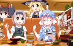  4girls black_hair blonde_hair blush bow braid brown_eyes chopsticks closed_eyes food green_eyes hair_bow hairband hakurei_reimu hat kirisame_marisa konpaku_youmu long_hair menu multiple_girls pink_hair plate ribbon saigyouji_yuyuko short_hair silver_hair smile soy_sauce sushi table touhou tsurukou_(tksymkw) violet_eyes witch_hat yellow_eyes 