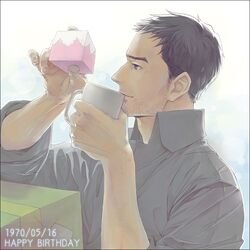  black_eyes black_hair box cup dated doujima_ryoutarou drink drinking facial_hair gift holding holding_gift male mug persona persona_4 profile short_hair smile solo stubble yoshida_shiro 