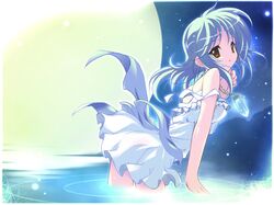  blue_hair brown_eyes dress fujiwara_warawara jewelry long_hair majokabe majokko_a_la_mode moon necklace reirisu wading wallpaper water 