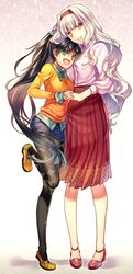  black_hair blue_eyes fang ganaha_hibiki hairband idolmaster long_hair pantyhose ponytail print_pantyhose shijou_takane smile tenkuu_sphere violet_eyes white_hair 