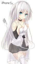  1girl apple_inc. aqua_eyes bare_shoulders breasts cleavage highres iphone kudrove long_hair personification phone skirt smile solo symbol-shaped_pupils thigh-highs two_side_up usb white_hair white_legwear 