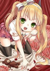  1girl alternate_hairstyle azuki_azusa black_legwear blush bow choker curtains fang green_eyes hair_bow hairband hentai_ouji_to_warawanai_neko highres kkk32 long_hair open_mouth paw_pose petals pillow puffy_sleeves school_uniform short_sleeves solo stuffed_animal stuffed_toy teddy_bear thigh-highs twintails very_long_hair 