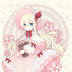  aruya_(flosrota) blonde_hair book dress flower green_eyes hat lolita_fashion long_hair original very_long_hair 