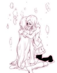  2girls blush character_request closed_eyes hug long_hair monochrome multiple_girls precure simple_background sitting tima very_long_hair wariza white_background 