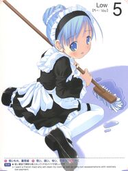  blue_hair cleaning garters hair_bun highres maid moetan mop pastel_ink pop queen's_gate queen's_blade queen's_gate sitting thighhighs tongue wariza water 