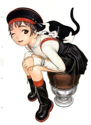  boots brown_eyes cat dress fang form_code highres murata_renji range_murata scan short_hair simple_background sitting smile stool suspenders white_background wink 