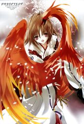  absurdres aquarian_age asagi_sakura bird brown_hair highres japanese_clothes miko phoenix red_eyes scan 