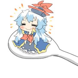  1girl blue_hair cape closed_eyes hat kamishirasawa_keine long_hair lowres rebecca_(keinelove) smile spoon touhou 
