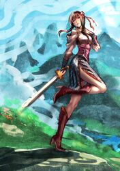 boots bow_(bhp) bridal_gauntlets brown_eyes brown_hair dress hair_ribbon highres knee_boots long_hair original ribbon sword weapon 