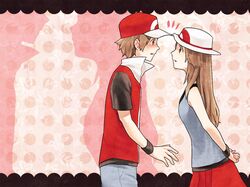 abe_(f!mixture) alternate_costume bare_shoulders baseball_cap blue_(pokemon) blush brown_eyes brown_hair hat jeans leaf_(pokemon) long_hair pink_background pokemon pokemon_(game) pokemon_rgby popped_collar porkpie_hat red_(pokemon) red_(pokemon)_(remake) short_hair short_sleeves skirt wallpaper wristband 