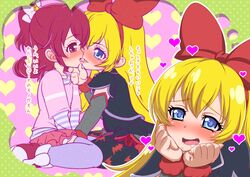  3girls aida_mana bat_print blonde_hair blue_eyes bow dokidoki!_precure dual_persona flipped_hair french_kiss hair_bow hairband half_updo heart imagining katou_techu kiss long_hair multiple_girls pantyhose pink_eyes pink_hair precure regina_(dokidoki!_precure) saliva shirt short_hair smile striped striped_shirt translation_request yuri 