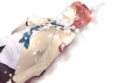  blazer brown_hair card closed_eyes death hand_on_chest hand_on_own_chest holding holding_card lying male mirakuruone necktie otonashi_(angel_beats!) pen school_uniform snow 
